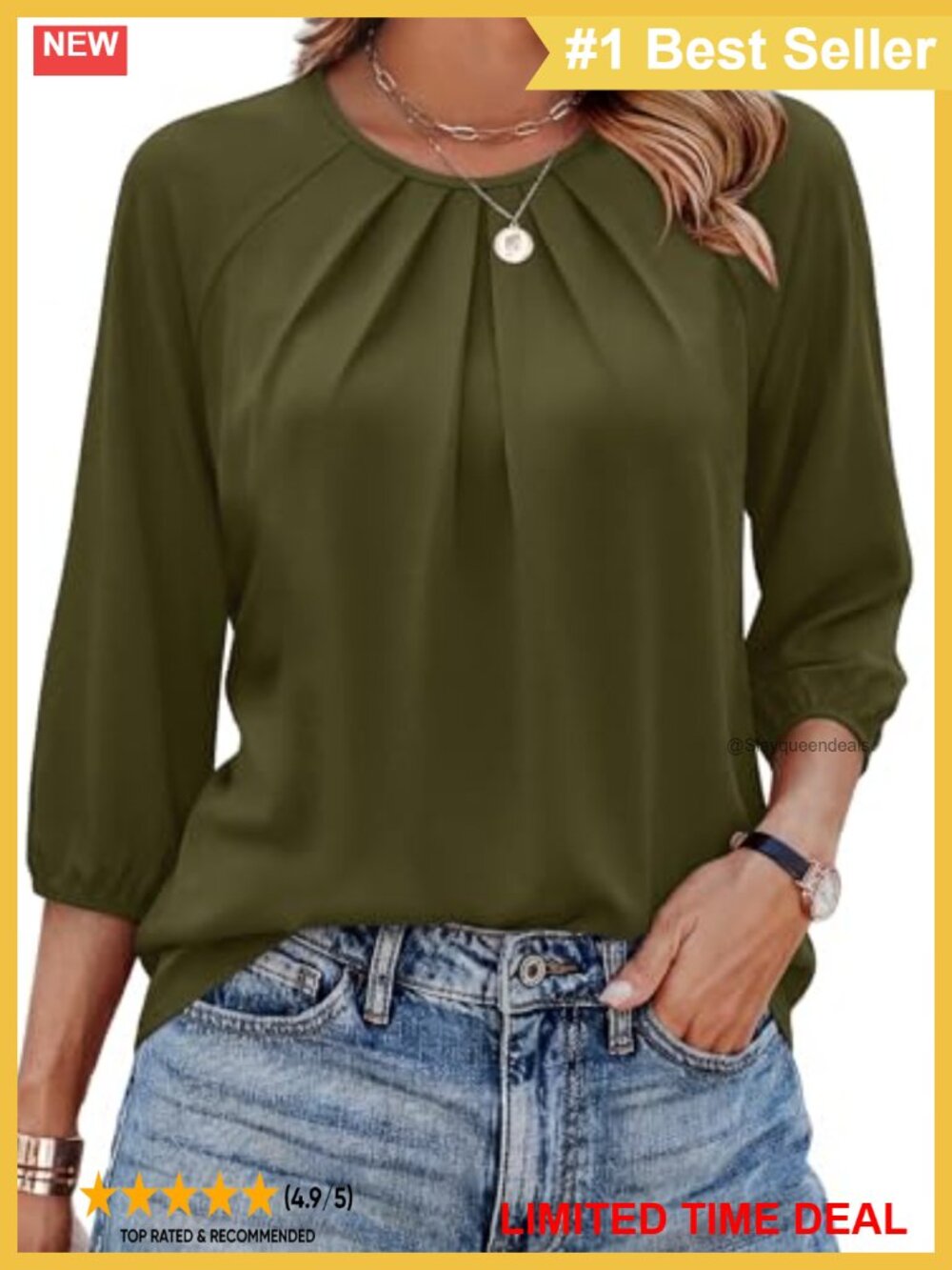 Womens Pleated Front Blouse 3/4 Sleeve Crew Neck Dressy Casual Top